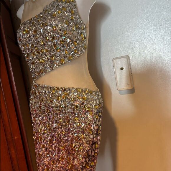 JOVANI Dress Formal Beaded Prom Sheer Nude Silver Illusion Mesh Gown rhinestone - Picture 7 of 10